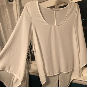 Sheer white top w/ tassle tunic sleeve